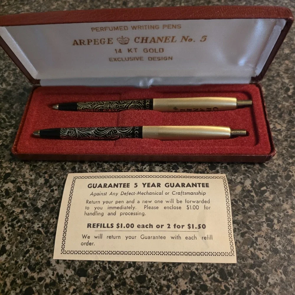 Vintage Chanel No 5 Arpege 14 KT Gold Filigree Perfumed Ballpoint Pen Set 2 Pc